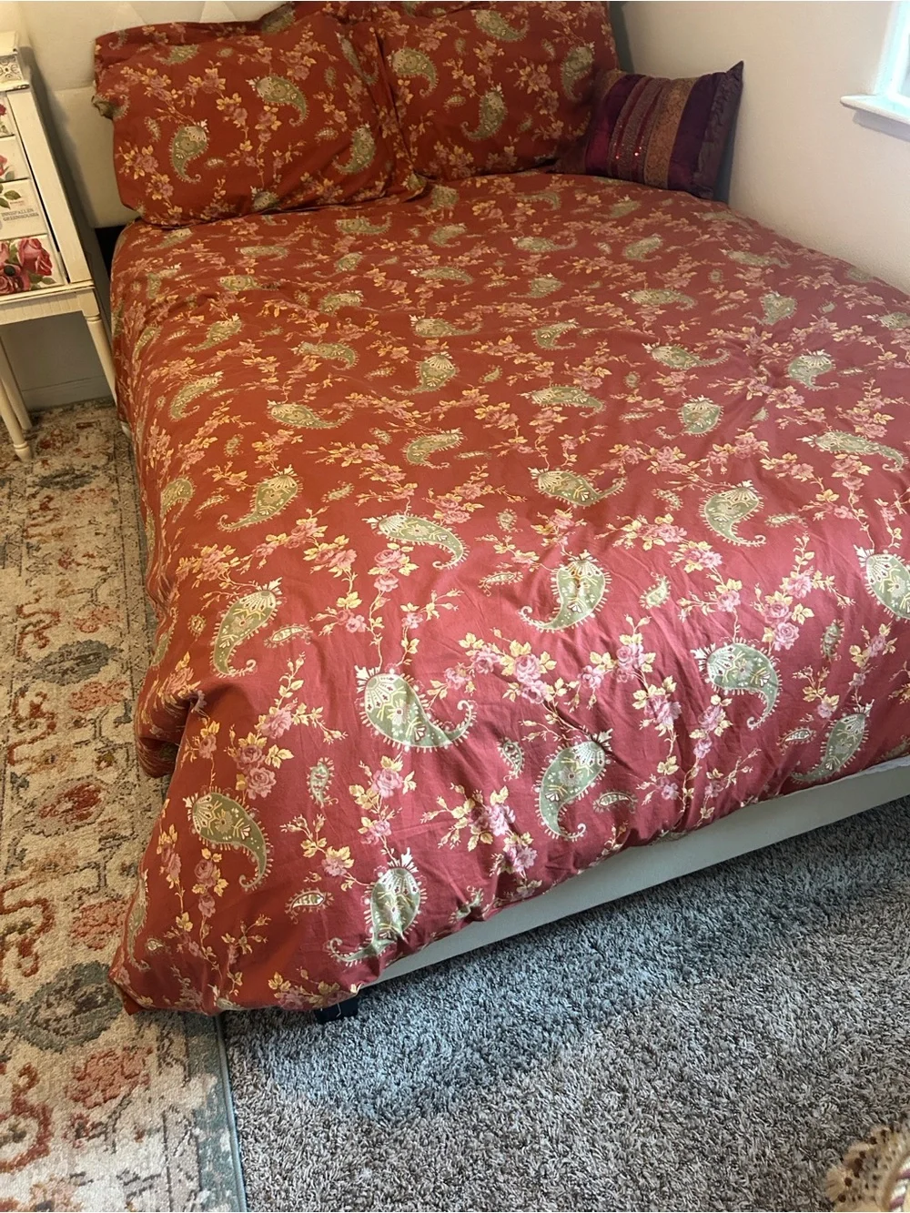 Pottery Barn Paisley Floral Duvet Cover in Rust and Green